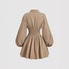 Women's Point Collar Button Down Mini Dress Puff Long Sleeve Waist Cinched Solid Khaki Elegant Shirt Dress