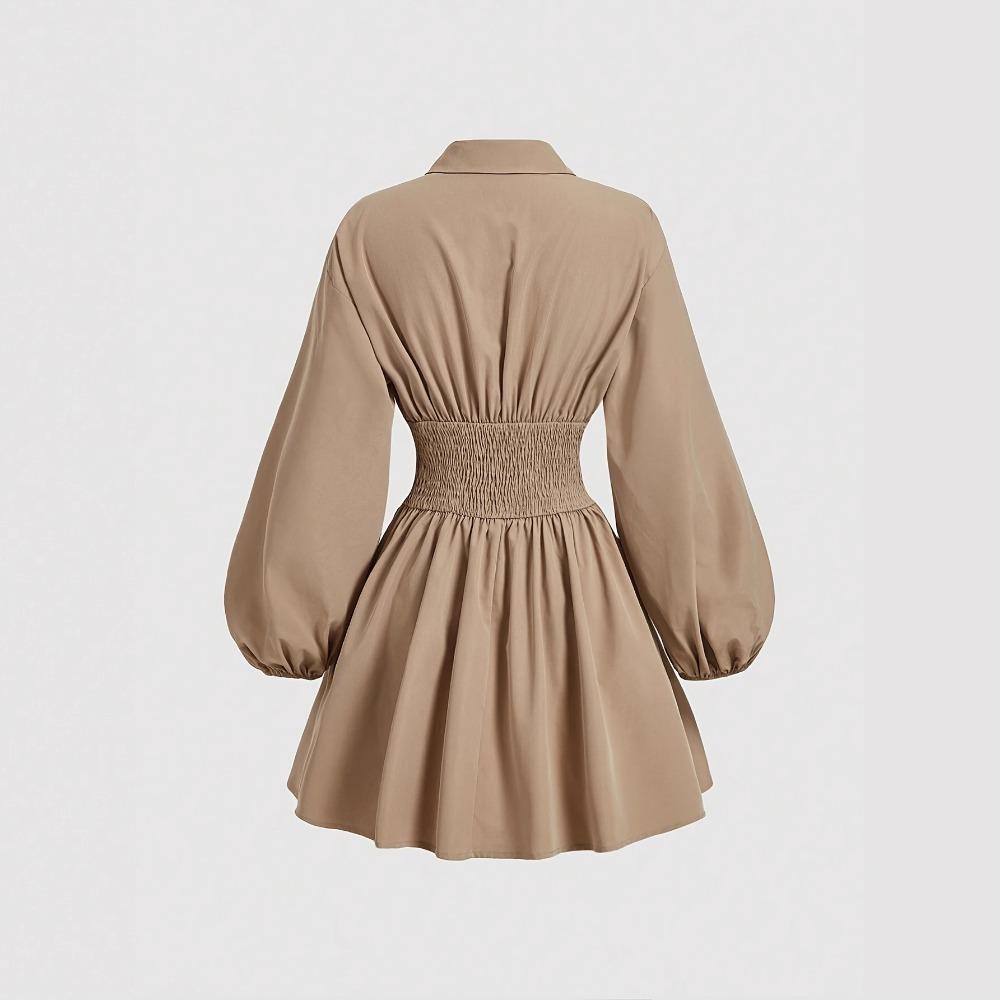 Women's Point Collar Button Down Mini Dress Puff Long Sleeve Waist Cinched Solid Khaki Elegant Shirt Dress