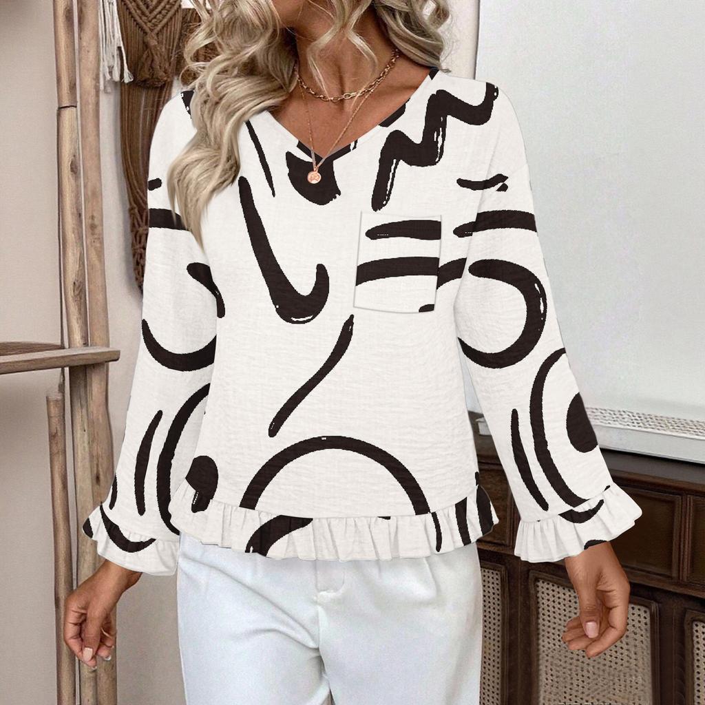 Women's Casual Fashion Ruffle V-Neck Pocket Retro Print Long Sleeve Top