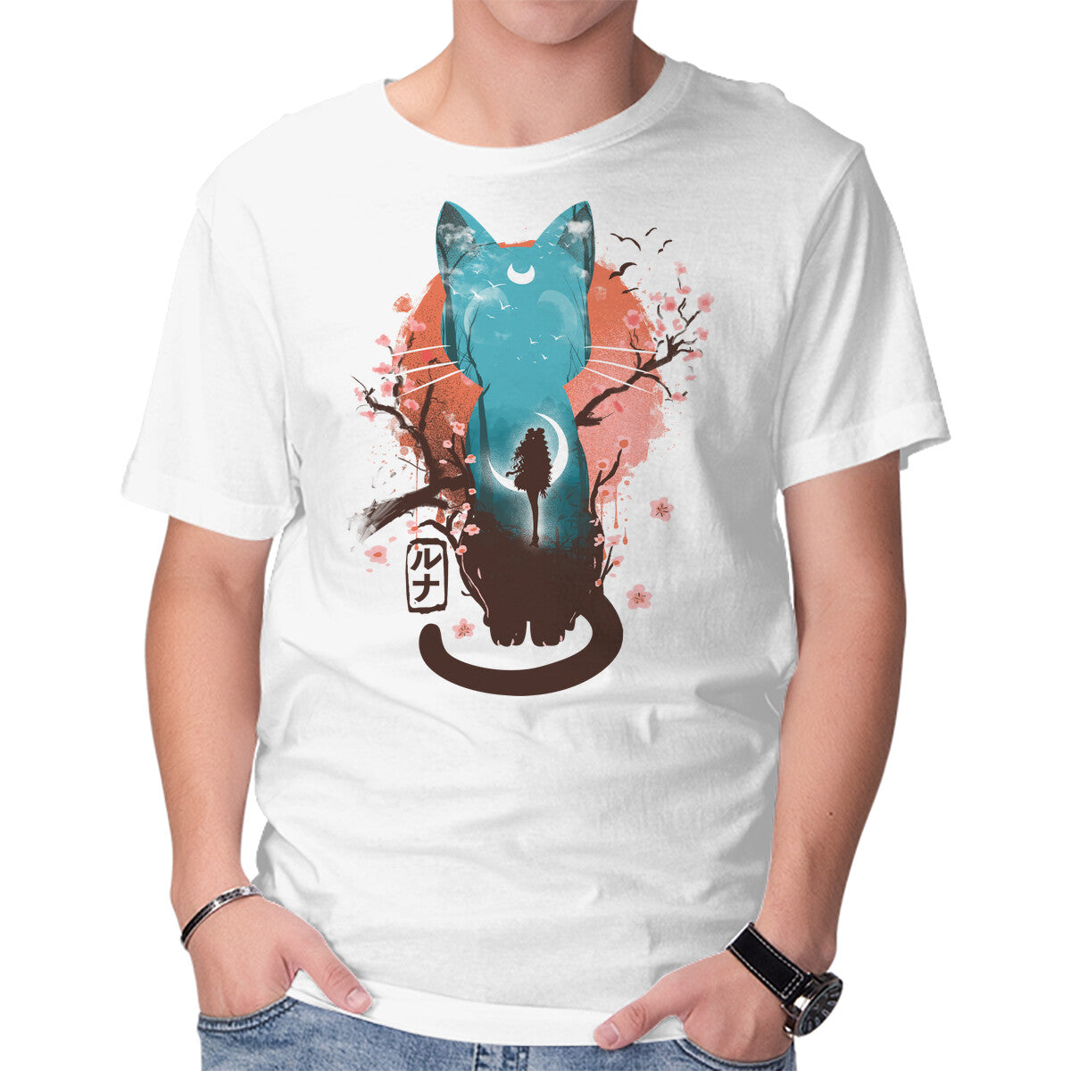 Unisex Crew Neck T-Shirt Japanese Moon Cat Graphic Short Sleeve Casual Tee XXXL