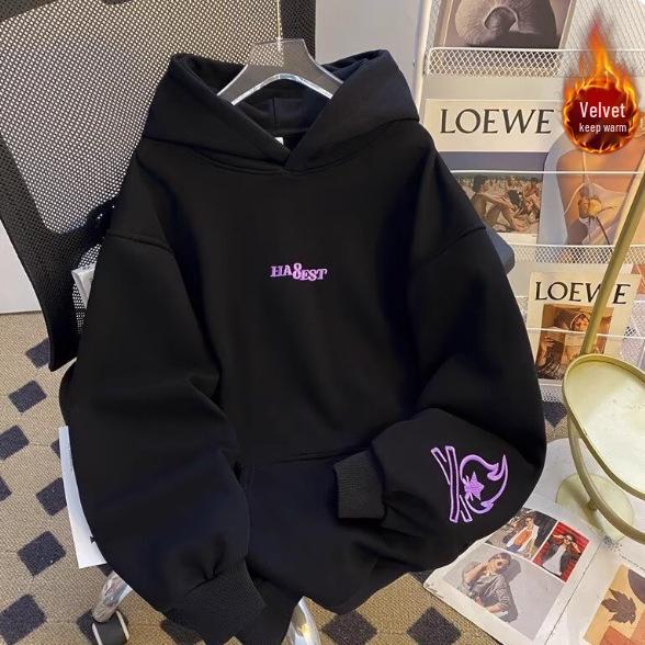 Unisex American-Style Embroidered Flame Plus Velvet Hoodie S