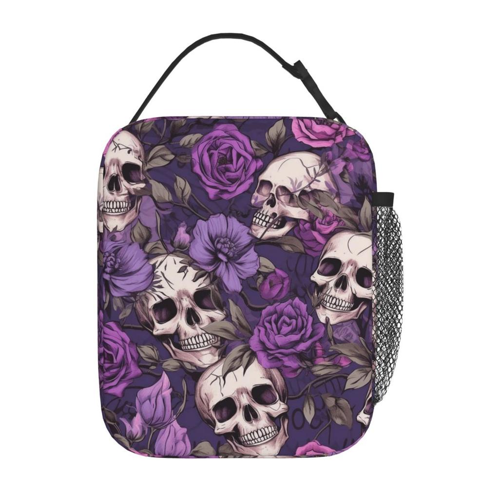 Violet Flower Skull Pattern Insulated Lunch Bag for Women Office Cooler Thermal Food Box Tote Leakproof Lunch Boxes Container