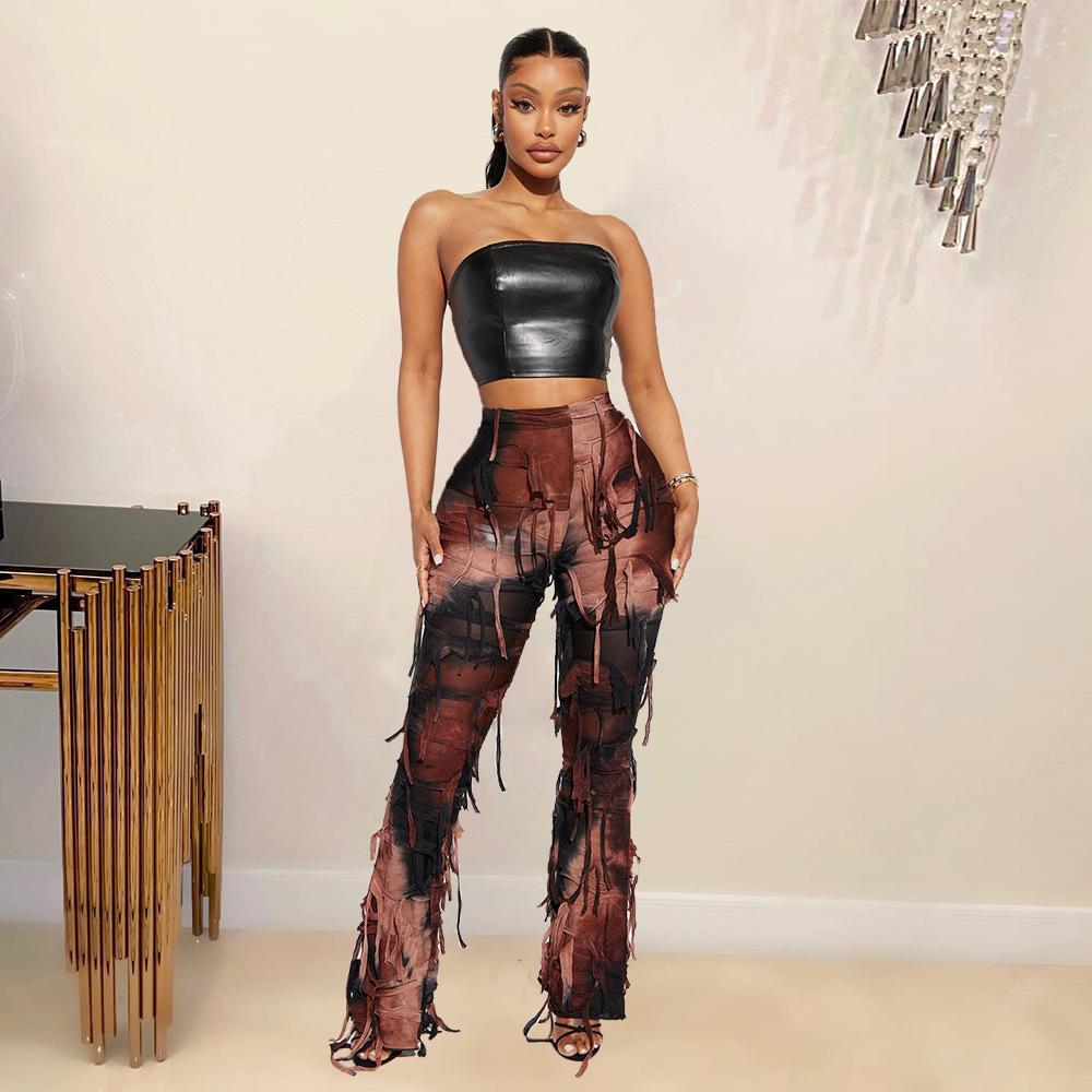 Neue Damen Herbst Tie-Dye Ausgefranste Jeans, Distressed Design Boho Streetwear Lässige Denim-Hose mit Fransen-Saum, Künstlerische Baggy-Hose