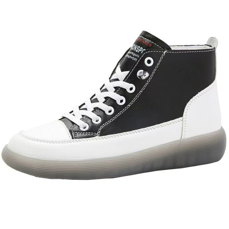 Woman's Spring Autumn New Leather High Top Casual Board shoes Flat Sole Round Toe Lightweight Non Slip Lace Up Little White Shoe