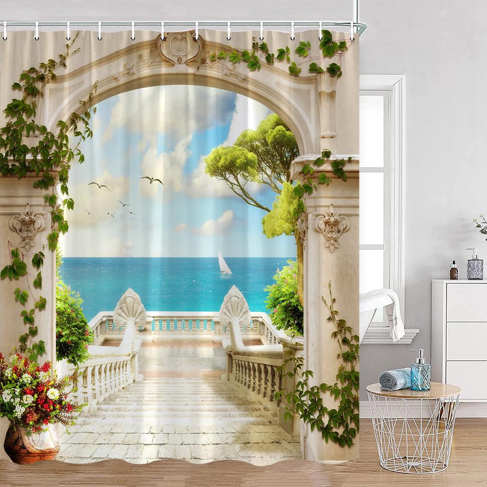 European Style Arch Architecture Shower Curtains Green Vine Peacock Elegant Bathroom Decor Roman Column Vintage Art Bath Curtain