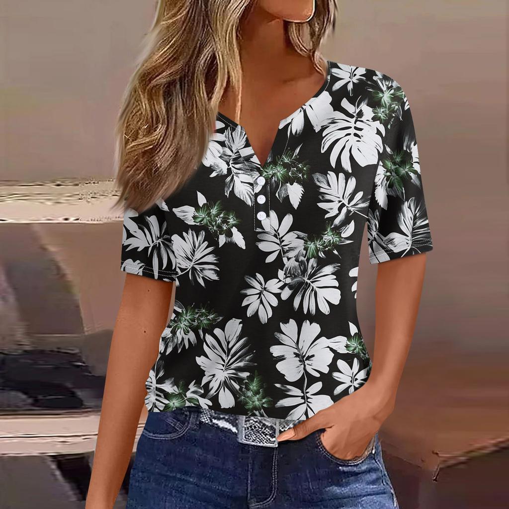 Women's T Shirt Tee Print Button Short Sleeve Daily Weekend Fashion Basic V- Neck Regular Top