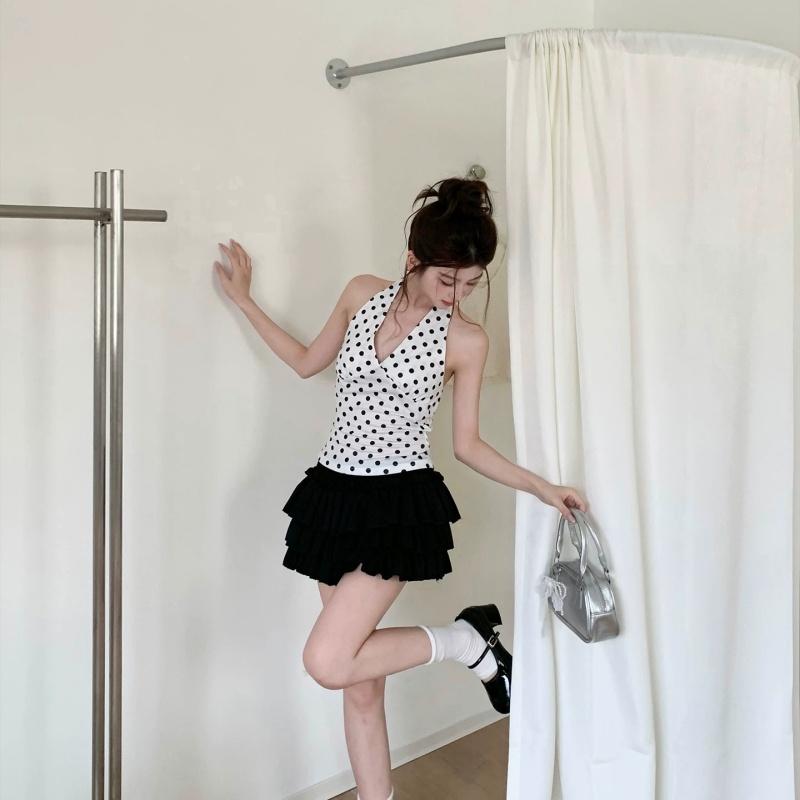 Halter V-Ausschnitt Weste Damen Y2K Schnürung Rückenfrei Polka Dot Print Skinny Sommer Mode Täglich Straße Basic Tanktops