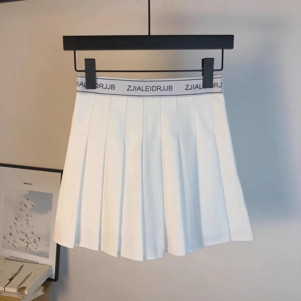Japanese Style High-Waisted Pleated Skirt: Slim, Anti-Exposure A-Line with English Letter Print - Versatile for Spring and Autumn