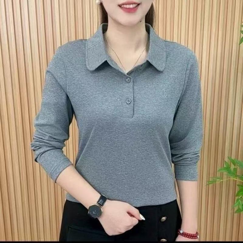 

YYFS Женская мода Повседневные Весенне-осенние Однотонные Блузки и Рубашки с Принтом, с Длинным Рукавом и Воротником ПОЛО XXXL