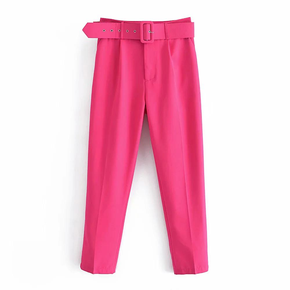 European Style Women's Slim-Fit High-Waisted Yellow Cropped Pants with Waist Belt - Model A8GS317