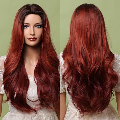 Pelucas de pelo sintético resistentes al calor onduladas largas rojas negras de Ombre para mujeres
