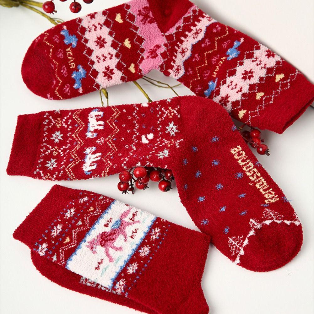 3 Pair Cotton Snow Boot Socks Knitted Middle Tube Socks Female Elastic Striped Socks New Year Gift