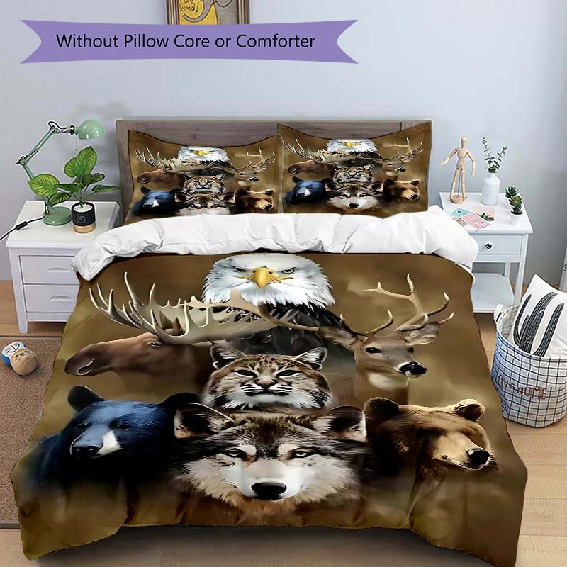 3pcs Wildlife Animal Faces Collage Comforter Set with 1 Quilt Cover and 2 Pillowcases (No Core) - Home Decor, Festival Gift, Polyester Fabric, Anime C