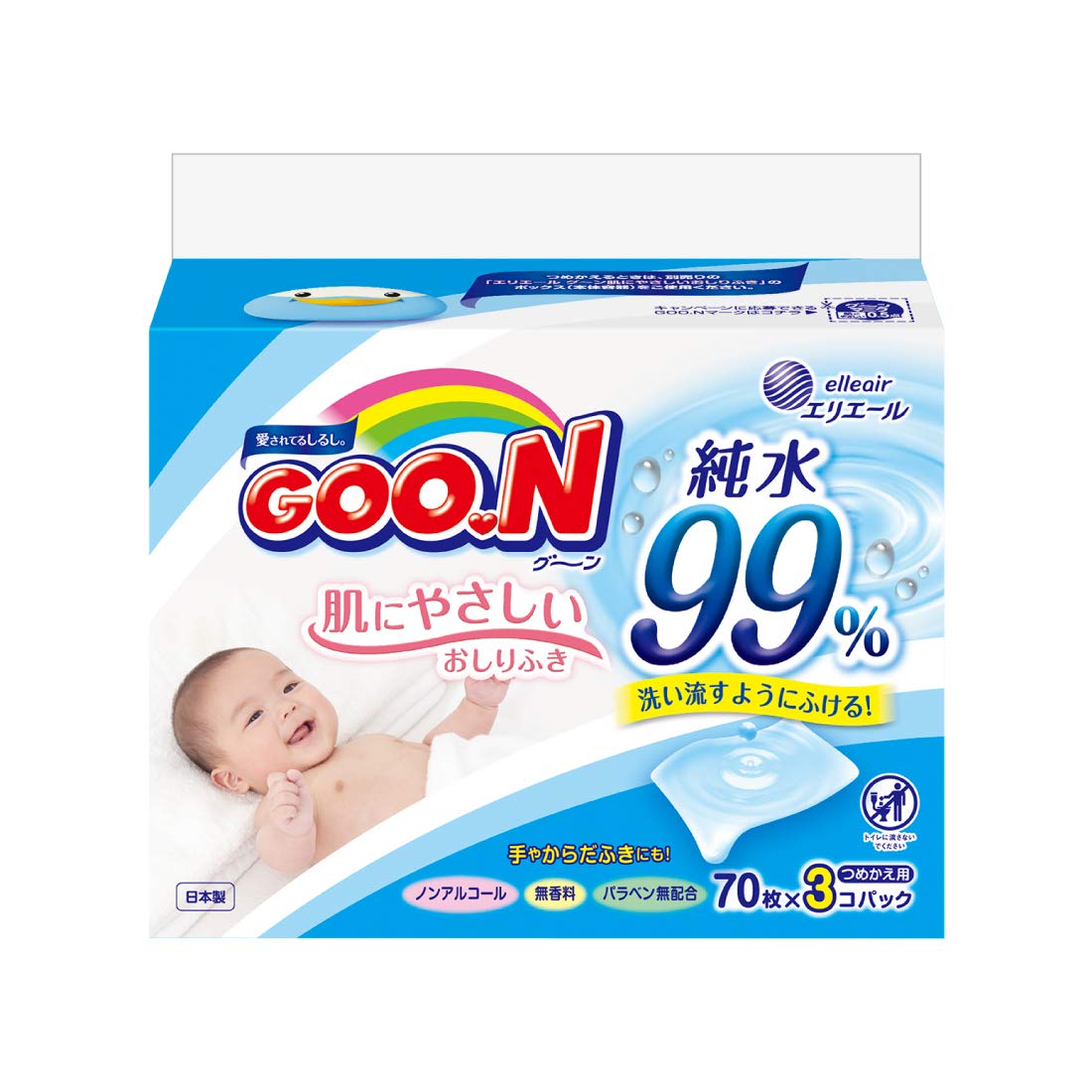 

Детские влажные салфетки Goon, сменная упаковка 70 шт. x 3 шт., не раздражают кожу