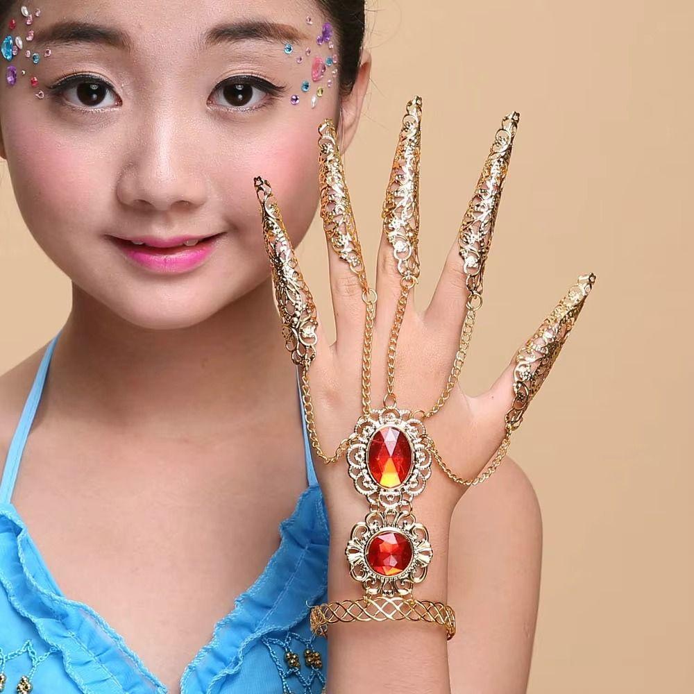 1 Paar Antikstil Indischer Tanz Fingerspitze Goldfarbe Bauchtanz Armband Hochzeit