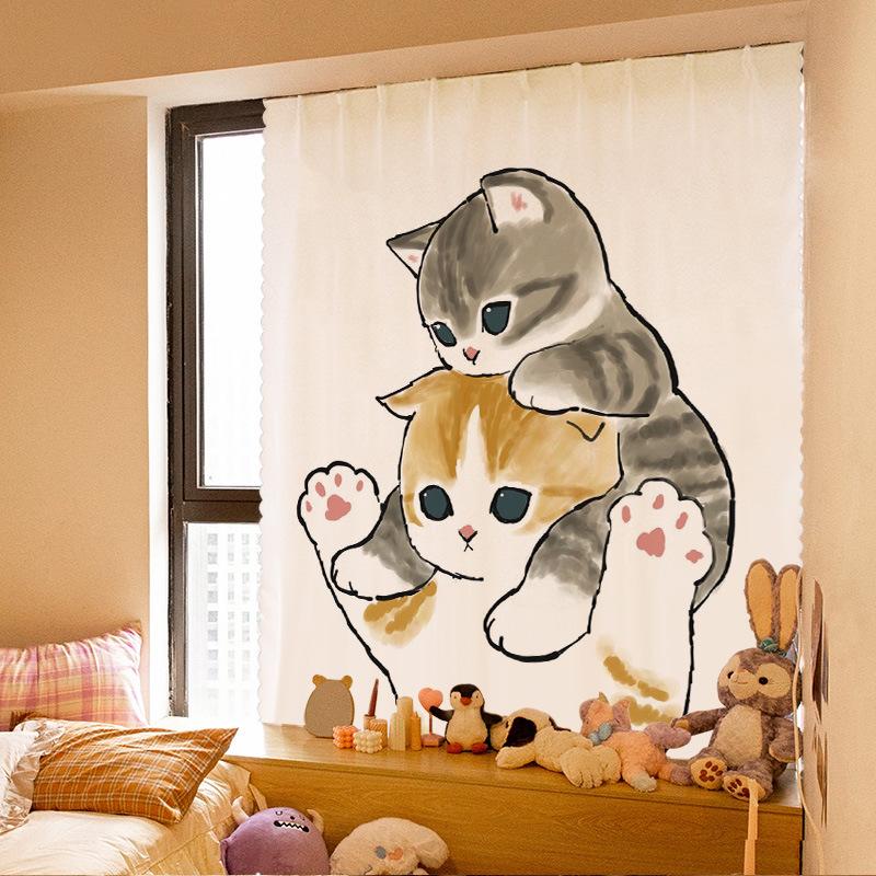 

Мультфильм милый кот занавеска приклеивание занавеска перегородка кухня спальня ванная комната отверстие без пыли экранирующая ткань украшение дома 150x200cm