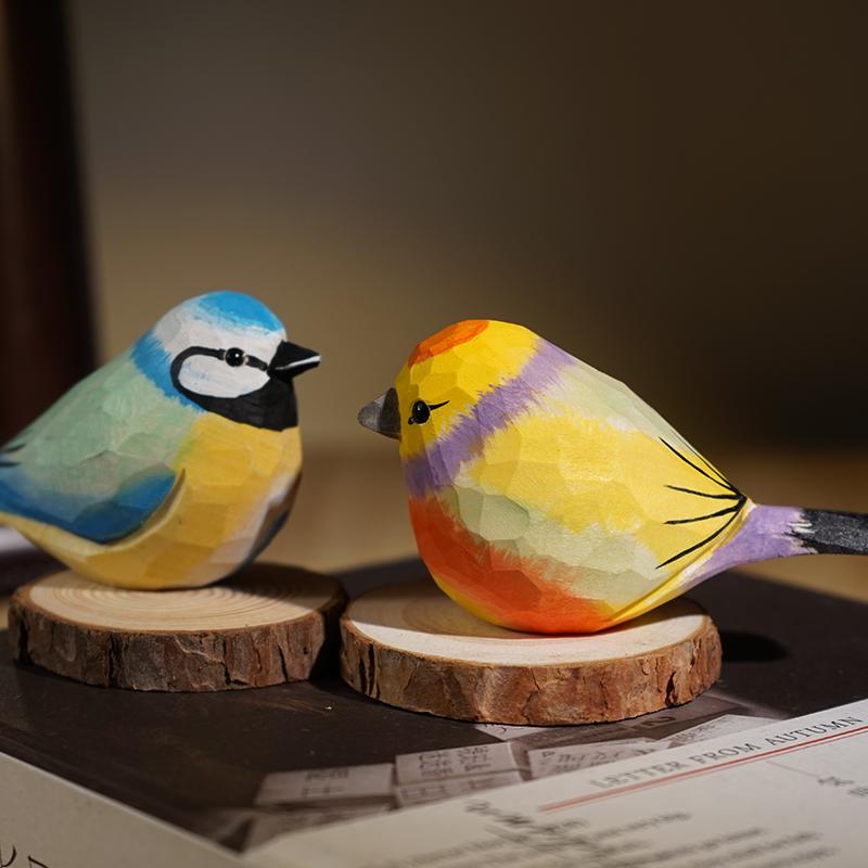 Hand Carved Wooden Bird Cute Sparrow Parrot Chickadee Animal Desktop Decor Original Wood Style