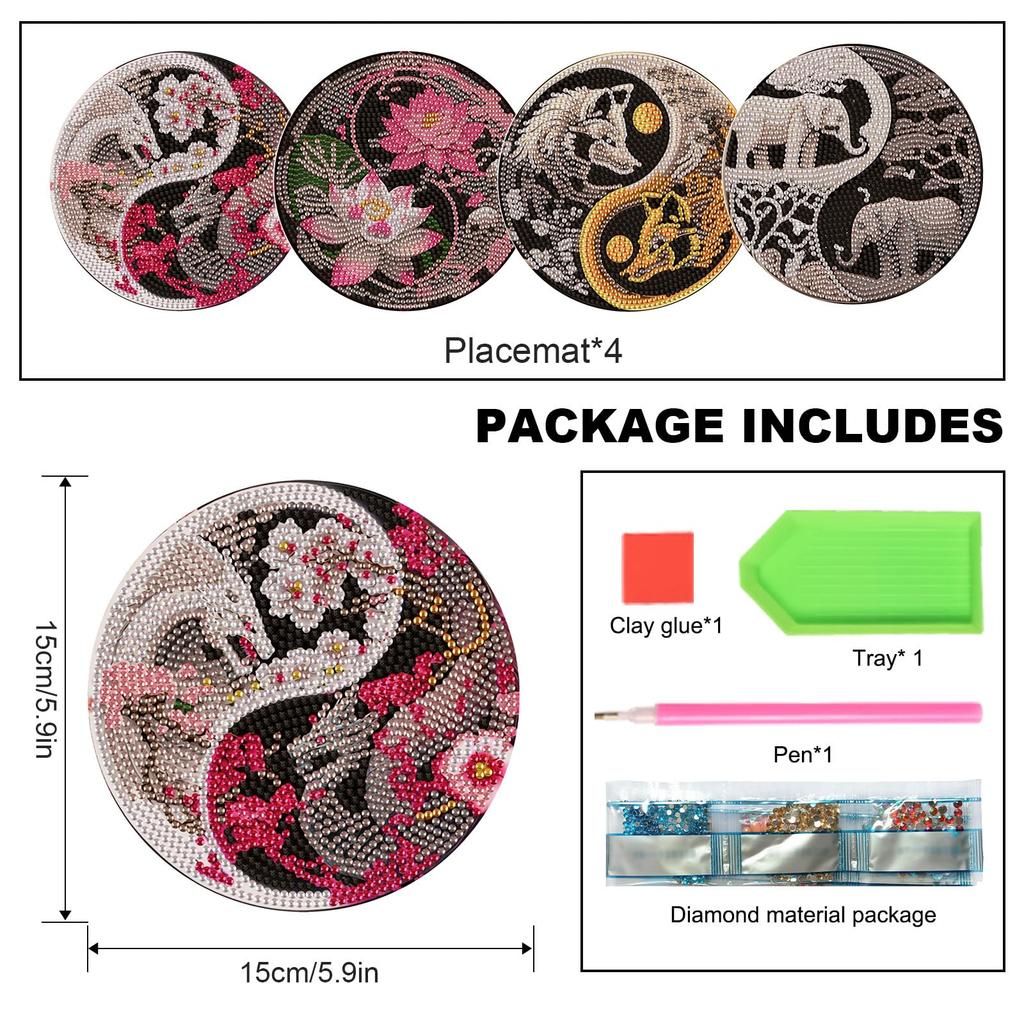 KAKISO 4-częściowe DIY 5D Podkładki do malowania diamentami, Rękodzieło DIY Diamentowa sztuka Ręcznie robiona diamentowa mata pod talerz, Kreskówkowy Potężny Smok Lotos Wilk Słoń Ręcznie robione
