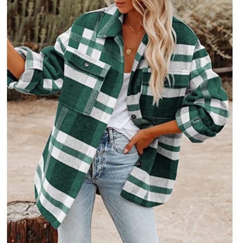 Autumn and Winter Women's Loose Contrasting Lapel Plaid Button Flannel Woolen Long Sleeve Shirt Jacket