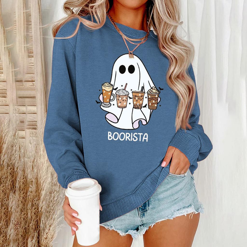 Women'S Halloween Hoodie Fun Ghost Print Pullover Crew Neck Long Sleeve Hoodless Pullover Y2k Clothes Women'S Plus-Size Hoodies