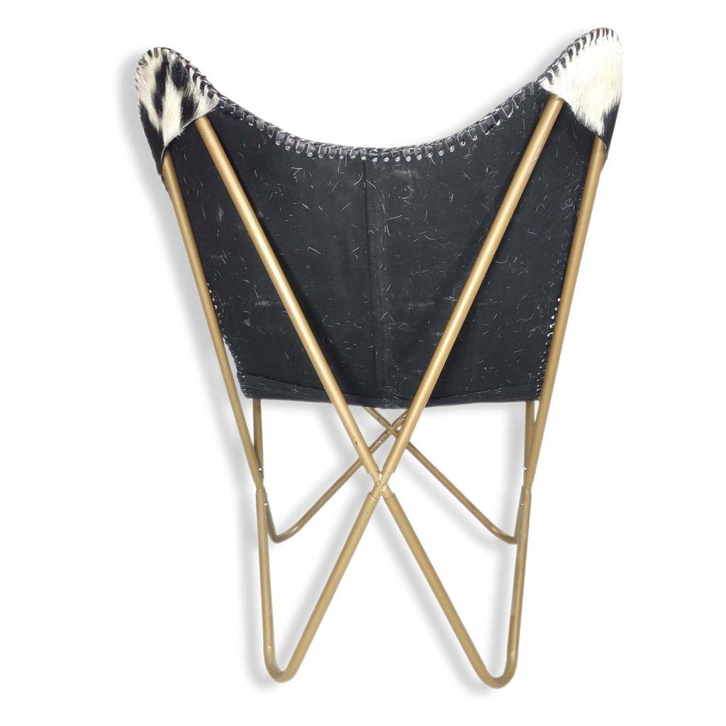Păr Alb-Negru Pe Scaun Fluture din Piele - Suport Confortabil pentru Brațe Scaun Fluture de Living – cu Cadru din Fier Acoperit cu Pulbere Aurie