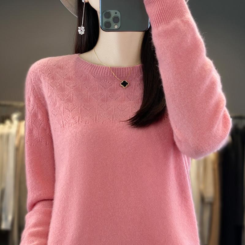 Women's Round Neck Sweater, Qinghe Cashmere, 30% Cashmere 70% Wool, Hollow Winter Knitted Pullover Autumn Sweater Cashmere Sweater