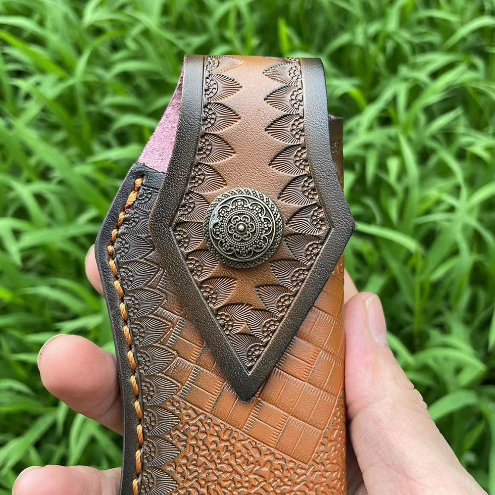 15cm Foling Knife Embossed Cowhide Scabbard Cover Second Layer Leather Sheath Case Camping Knife Holsters Belt Buckle