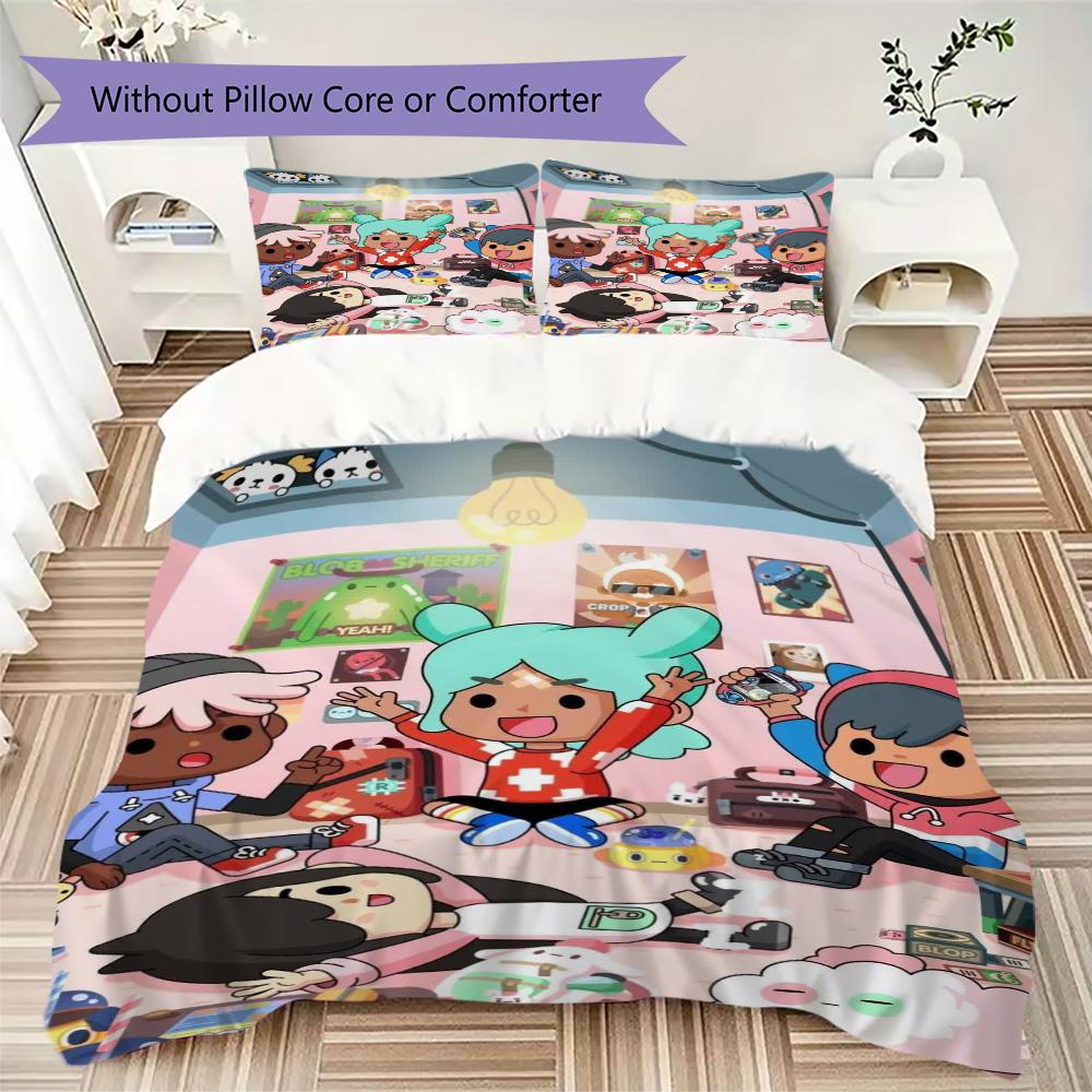 Toca Boca World Pattern Bedding,Quilt Set Quilt Cover Pillowcase Home Birthday Gift (1*duvet cover+2*pillowcase,without core)SSJT0917143