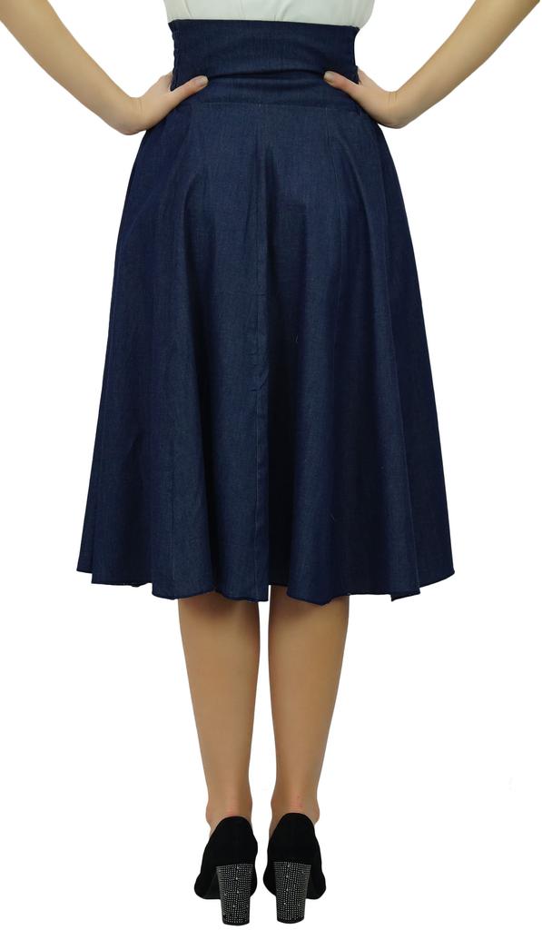Bimba Navy Blue High Waist Denim Skirt a-line Smocked Waist Designer Chic