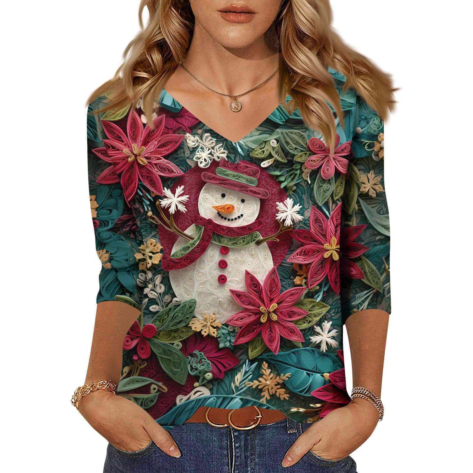 

Женские топы Рубашка с рукавом три четверти V-образный вырез Свободная повседневная рубашка Футболка с принтом L армия зеленый