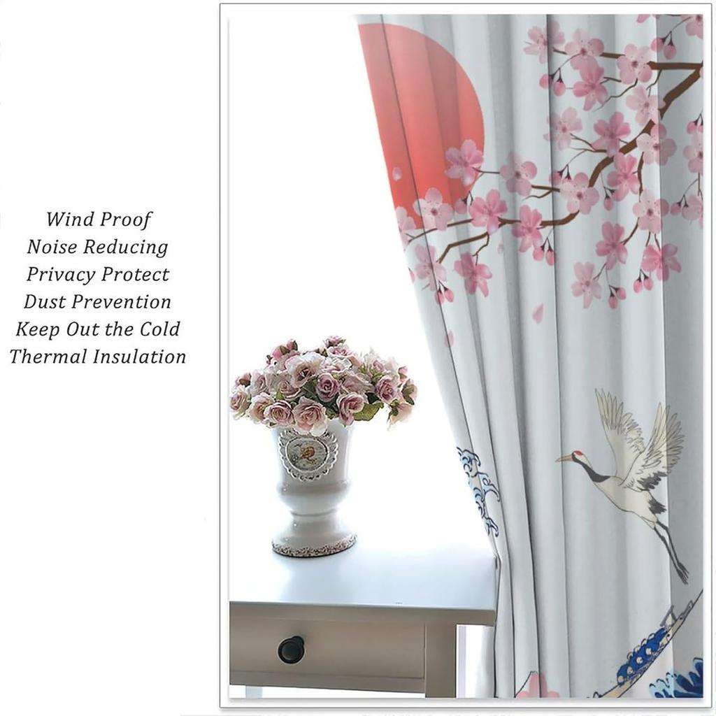 Japanese Style Blackout Curtain,Sea Wave Cherry Blossom Crane Ocean Bird Themed Watercolor Curta For Dining Room Cafe Living