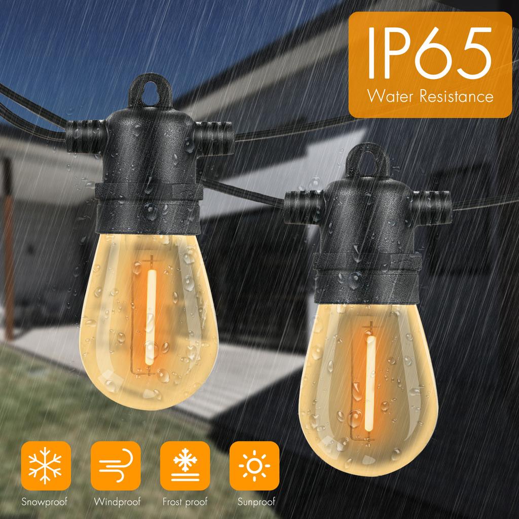 15M/49FT S14 String Lights 15 Hanging Sockets 16 E26 1W LED Bulbs 2700K Warm Light with Remote Control IP65 Waterproof