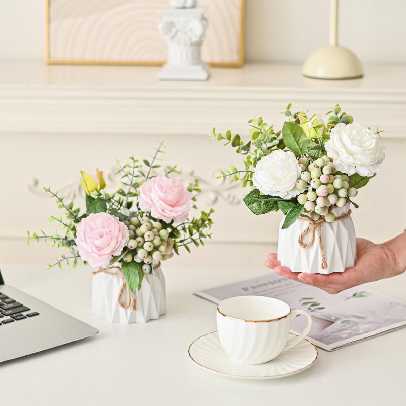 Artificial Floral Arrangements and Decorations: Small Potted Plants, Plastic Flowers, and Desktop Greenery Ornaments for the Living Room.