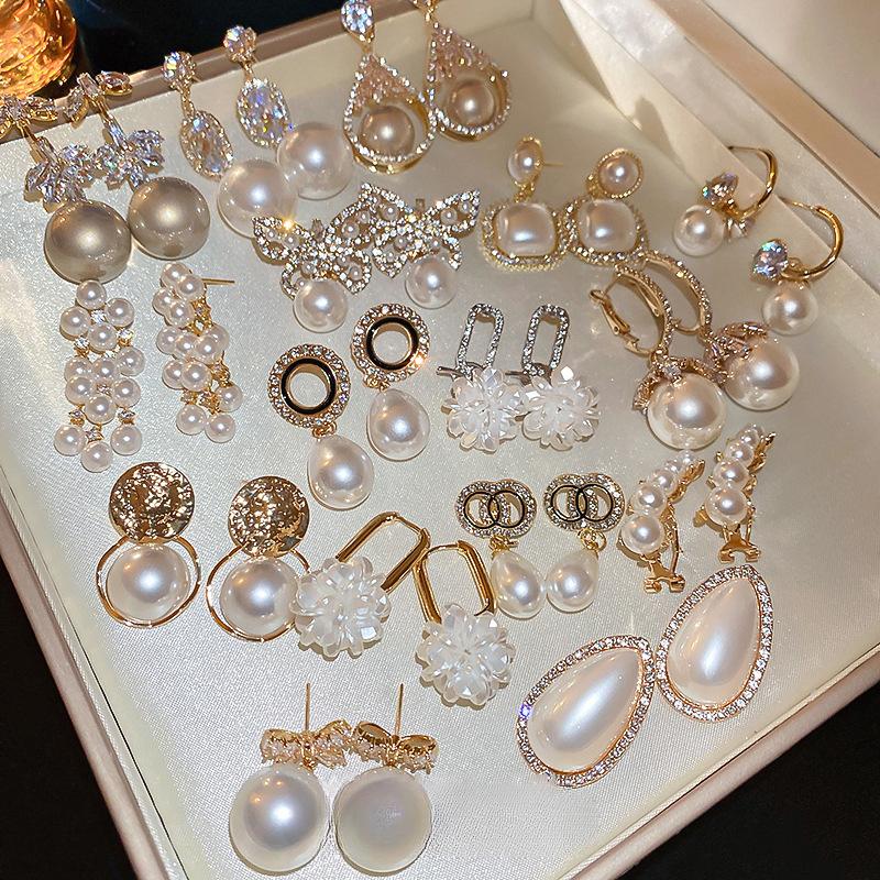 GemChic Women's Earrings Fashion Ear Stud Needle Embed Zircon Imitation Pearl Geometric Earrings Versatile Birthday Christmas Jewelry Gift