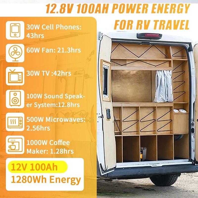 Baterie LiFePO4 12V 100Ah 8000+ Cicluri Profunde BMS Inteligent Integrat 100A Protecție la Temperatură Scăzută pentru Panouri Solare, RV, Motor de Trolling, Casă, Personalizat