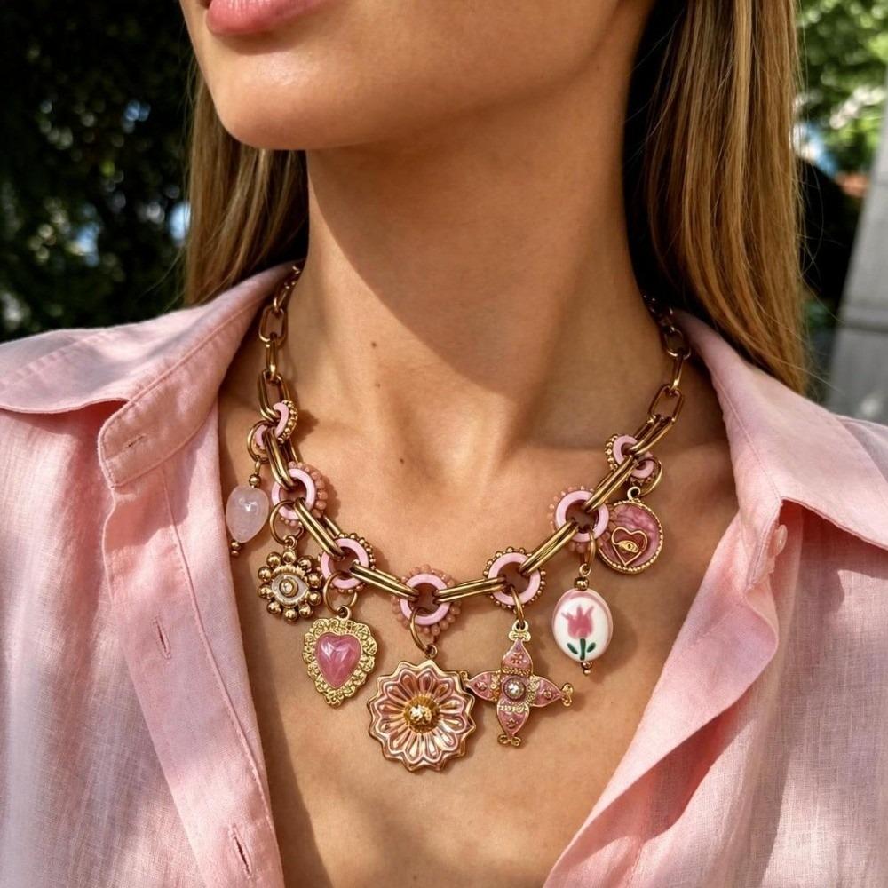 Adjustable Handmade Pendant Necklace Pink Enamel Boho Jewelry Elegant Multi Charms Necklace Women