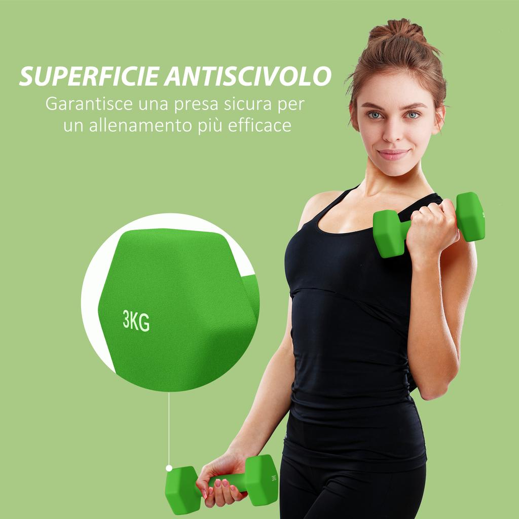 Set of 2 Dumbbells 3 Kg Hexagonal and Non-Slip for Home and Gym, In Metal and Plastic, 18x8x8 Cm, Green
