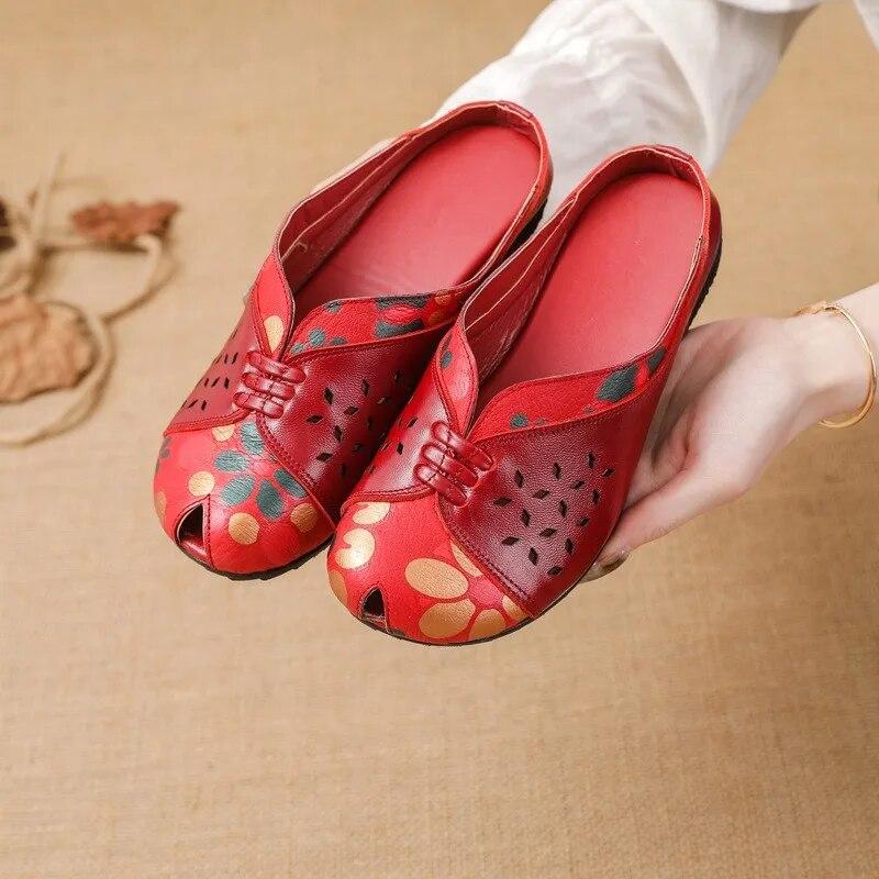 Johnature Ethnic Style Printed Genuine Leather Outdoor Slides Women Versatile Handmade Low Heeled Slippers