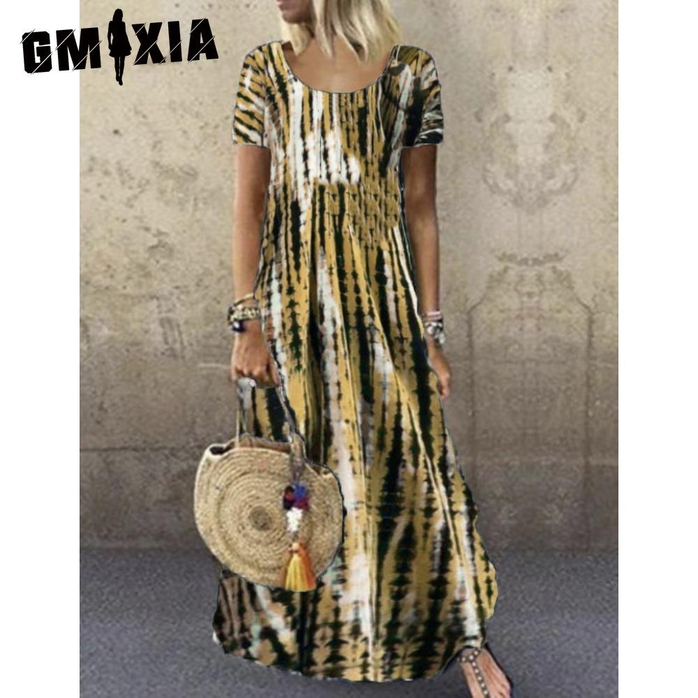 

GMXIA S-5XL Женская Мода Лето Весна Повседневные Платья с Коротким Рукавом и Круглым Вырезом XXXXXL жёлтый