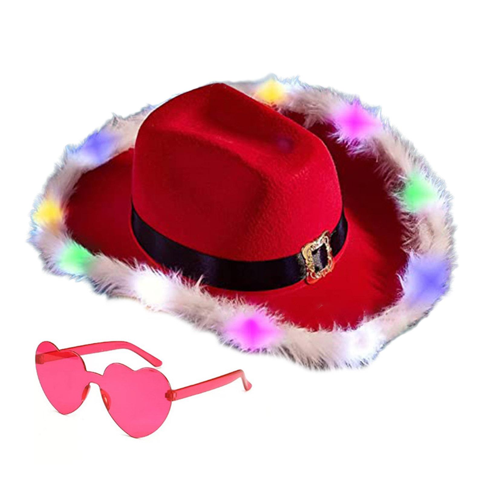 

Christmas Cowboy Caps Lighted Western Cowgirl Hat Eyeglasses for Women Girl Feather Edge Santa Hat Party Cosplay Props різнокольоровий