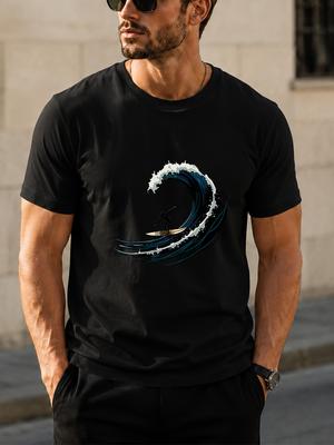 1pc Surfer Wave Pattern Unisex T-Shirt with Printed Graphic - Suitable for Daily Wear - Casual and Versatile - Summer Item - Pure Cotton  Top