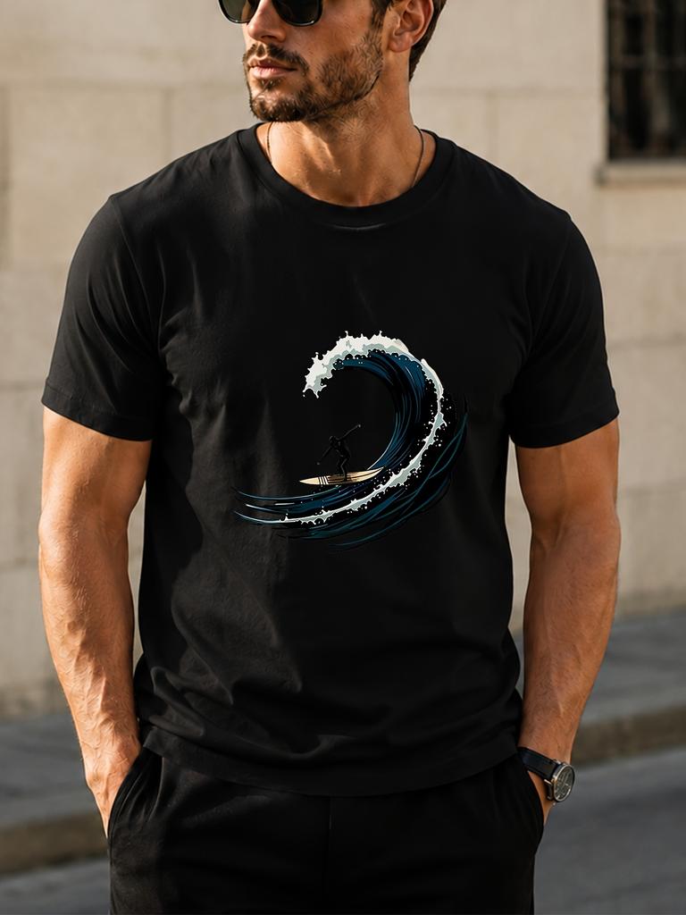 1pc Surfer Wave Pattern unisex T-Shirt with Printed Graphic - Suitable for Daily Wear - Casual and Versatile - Summer Item - Pure Cotton Top