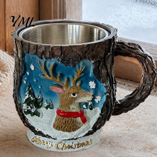 Christmas Mug Decorations Theme with Stainless Steel Liner, 3D Relief Hand Seasonal Housewarming Gifts Painted Resin Coffee Cup, Decorative Drinkware