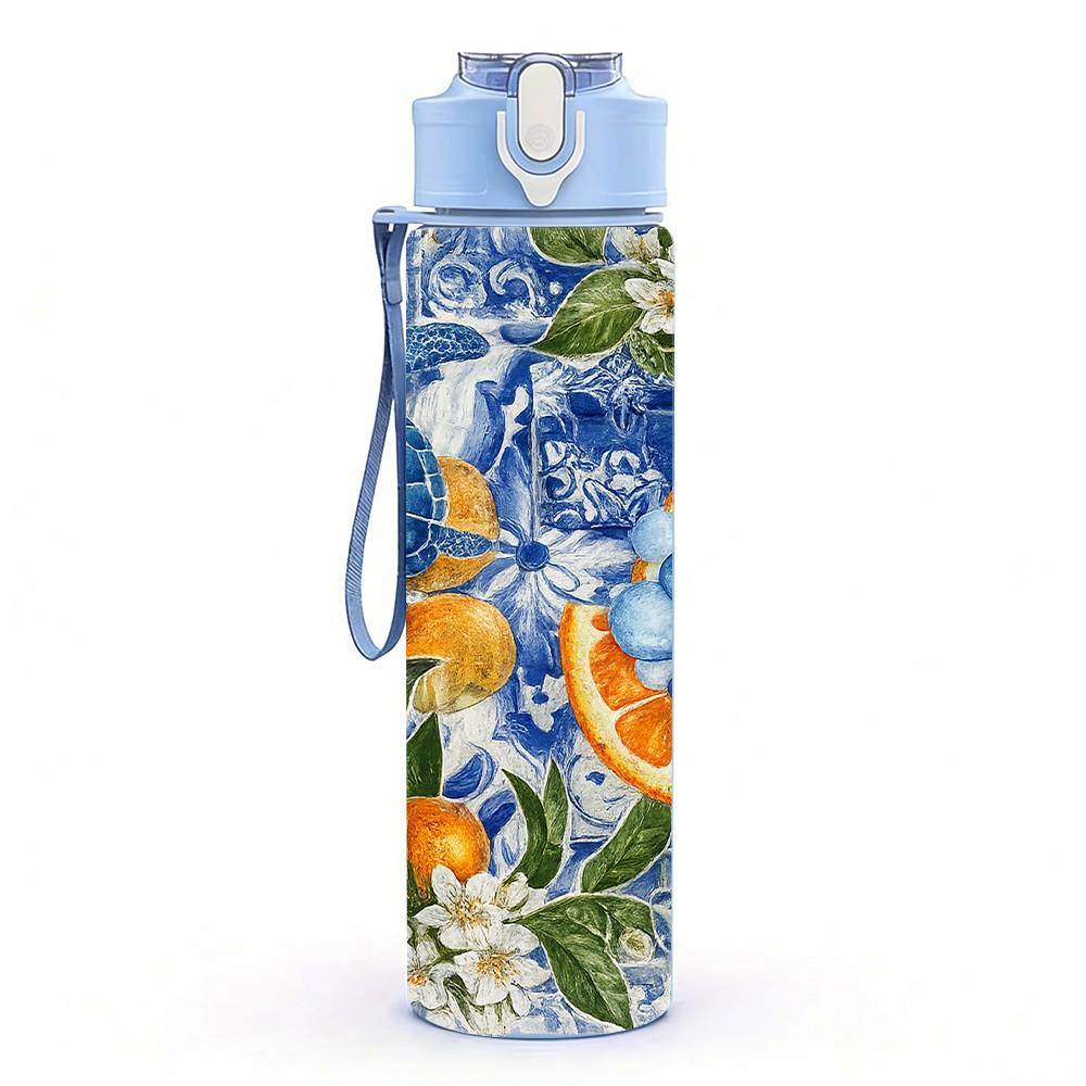 1PC Citrus Fruit Blue Floral Art Print 750ml Color Plastic Sports Water Bottle Leakproof Flip Straw Lid Suitable for Sports Office Home Use