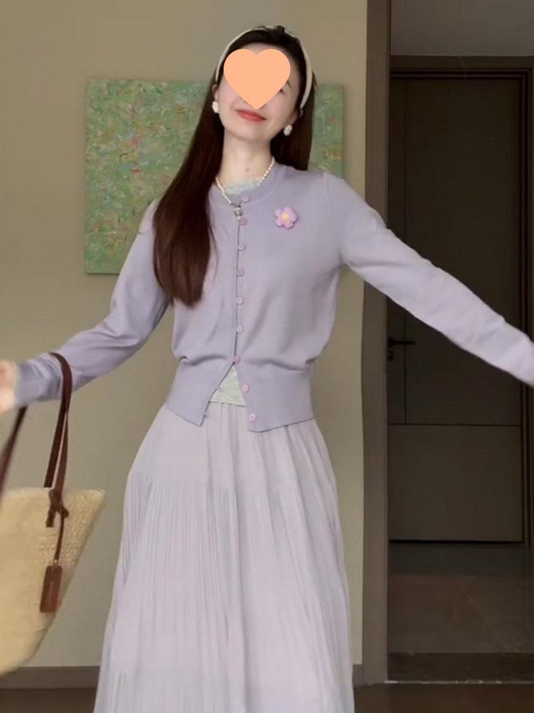 French-Inspired Knit Cardigan and Skirt Set - Spring New Arrival, Waist-Cinched, Age-Defying Fashion.