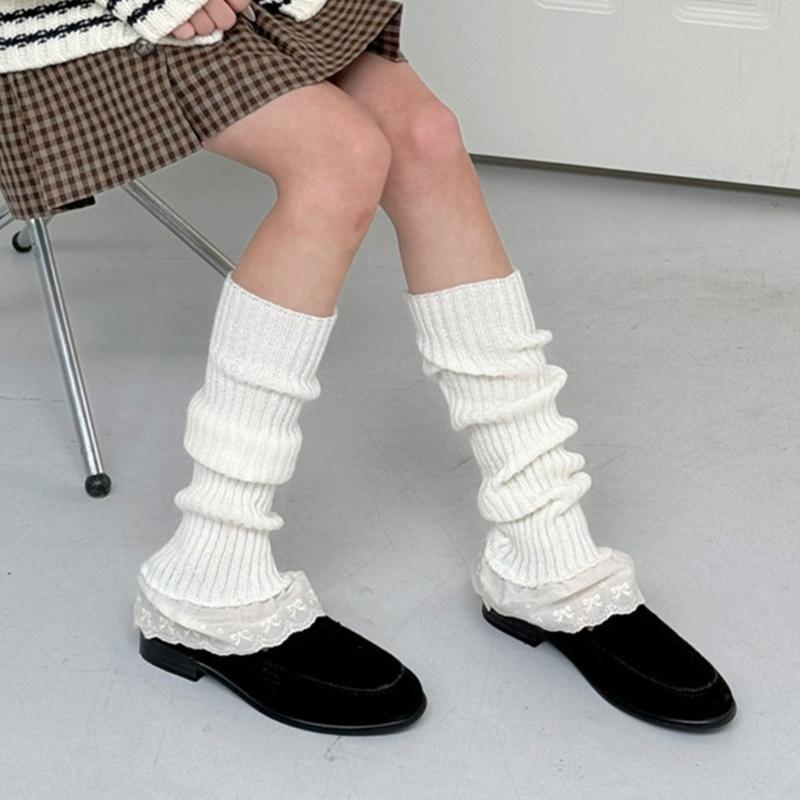 Ribbed Knitted Vertical Striped Leg Warmers Boot Cuffs Cute Ruffled Lace Hem Leg Covers Over Calf Long Socks for Women