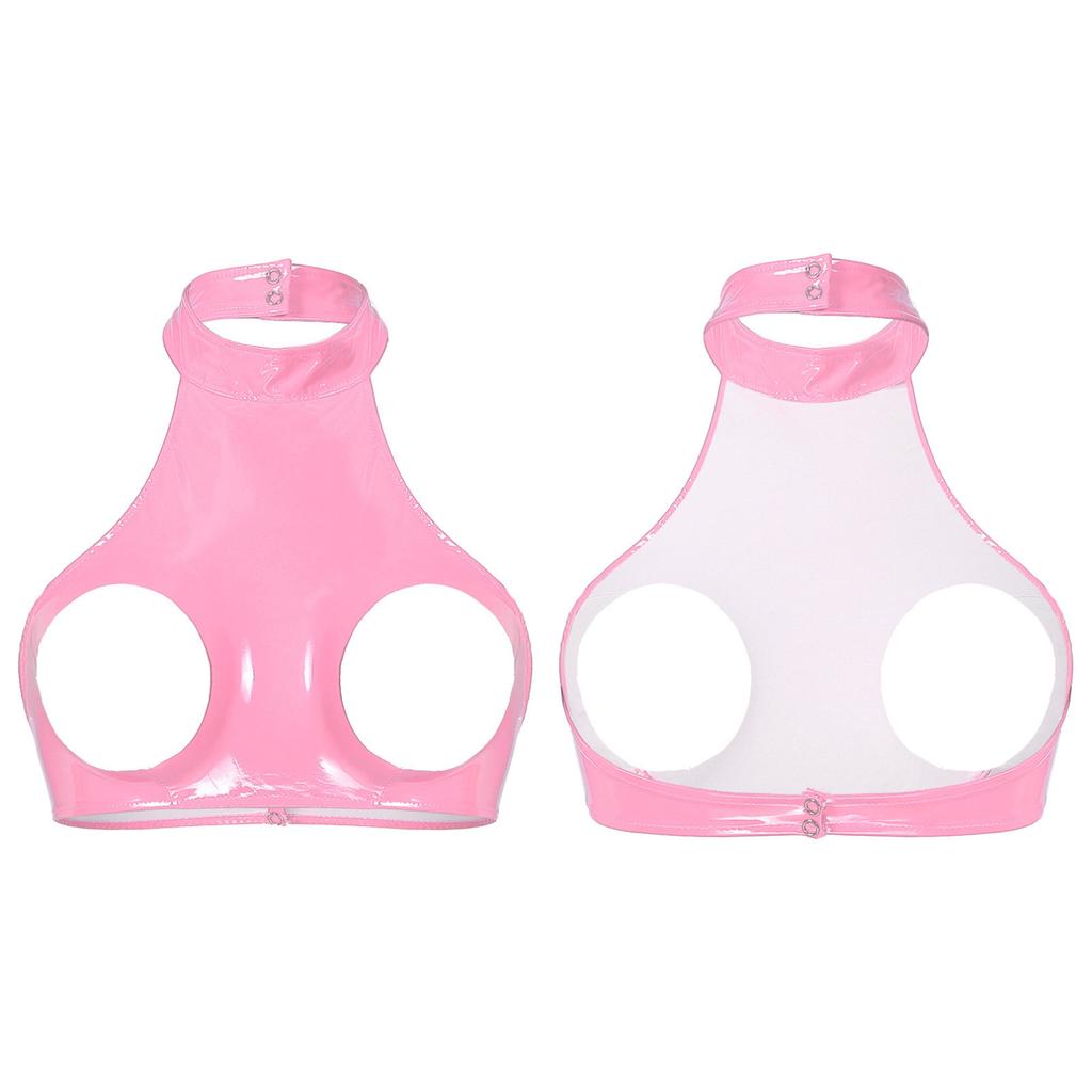 Women's Patent Leather Lingerie Sexy Wire-free Open Cup Bra Top for Party Club