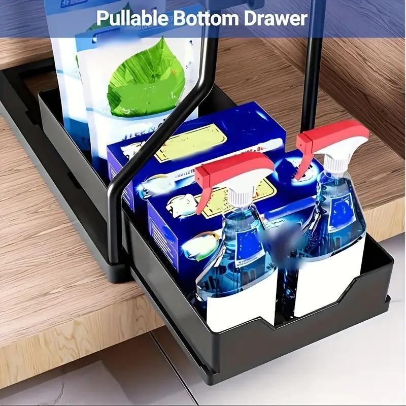 2-tier Pull-out Storage Rack - Ideal for Kitchen and Bathroom Organization, Holds Bottles, Spices and Cutlery Binet Organizer