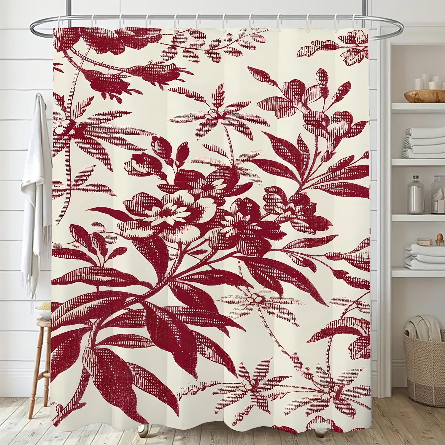 

1pc Elegant Red Floral Bath Curtain - Durable Polyester, Machine Washable, Artistic Red & White Floral Design with Green Leaves, 90x180cm35x71in