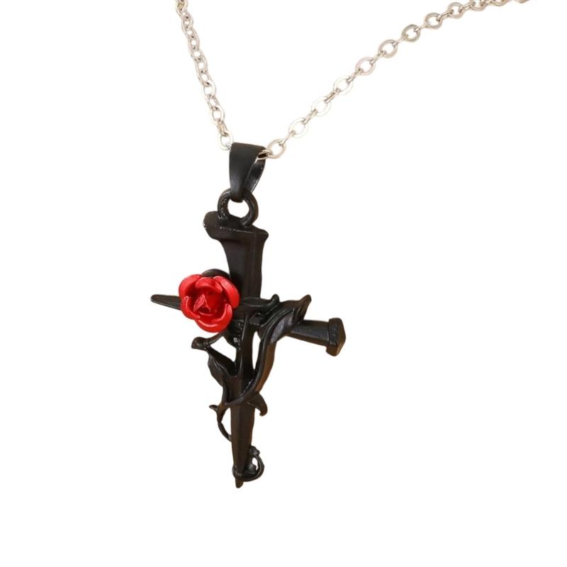 A52E Adjustable Chain Rose Engraved Crucifix Necklace Stainless Steel Jewelry For Women Daily Wear Lightweight Design